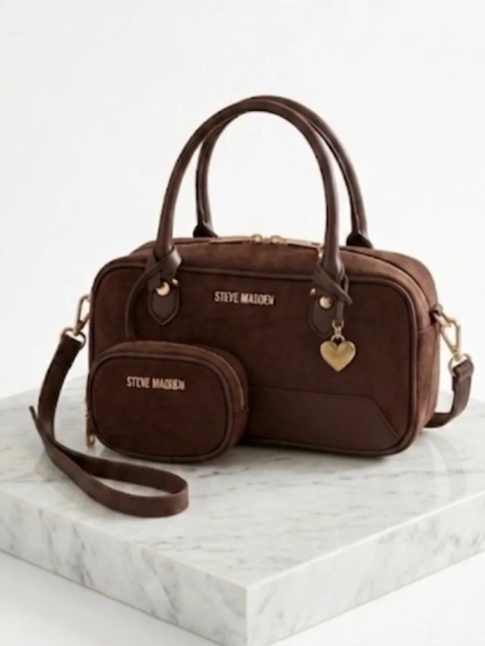 Steve Madden Brown Suede-Look Satchel with Matching Pouch